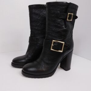 EU Size 34 1/2 Jimmy Choo Dart Black Biker Moto Heeled Leather Boots